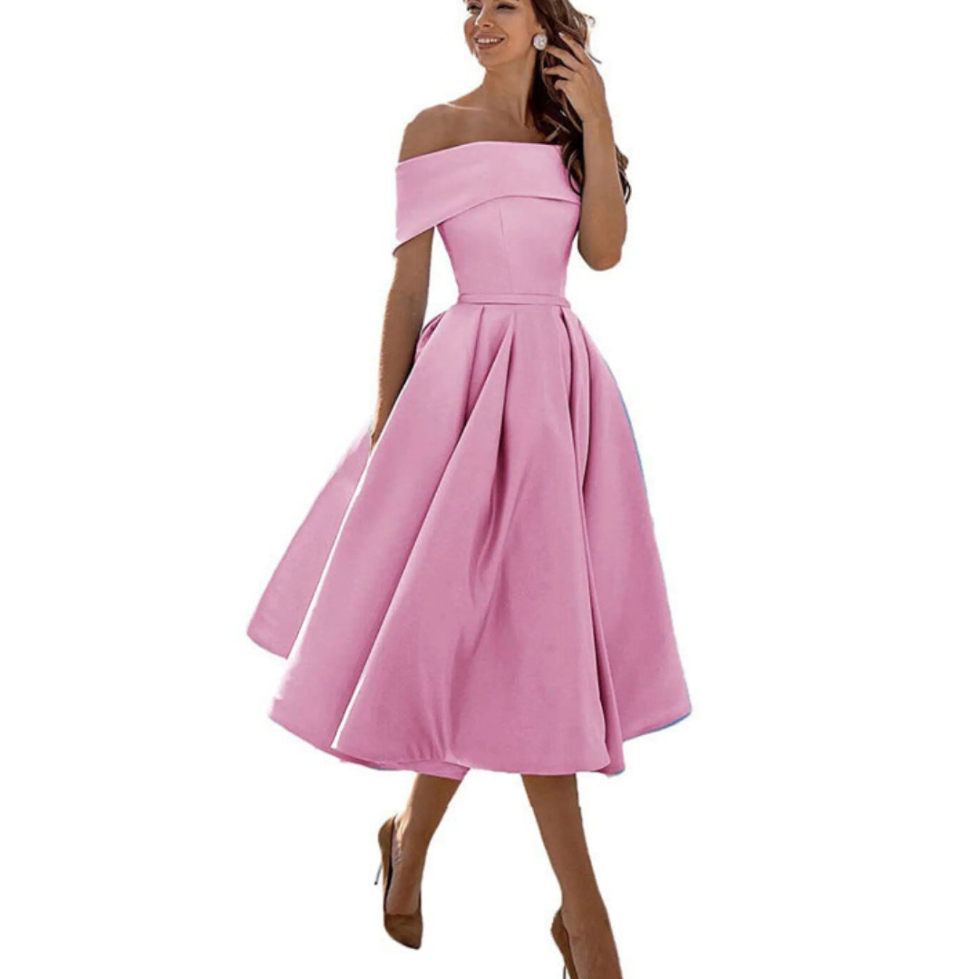 Off-Shoulder Evening Dress for Women with Midi Skirt