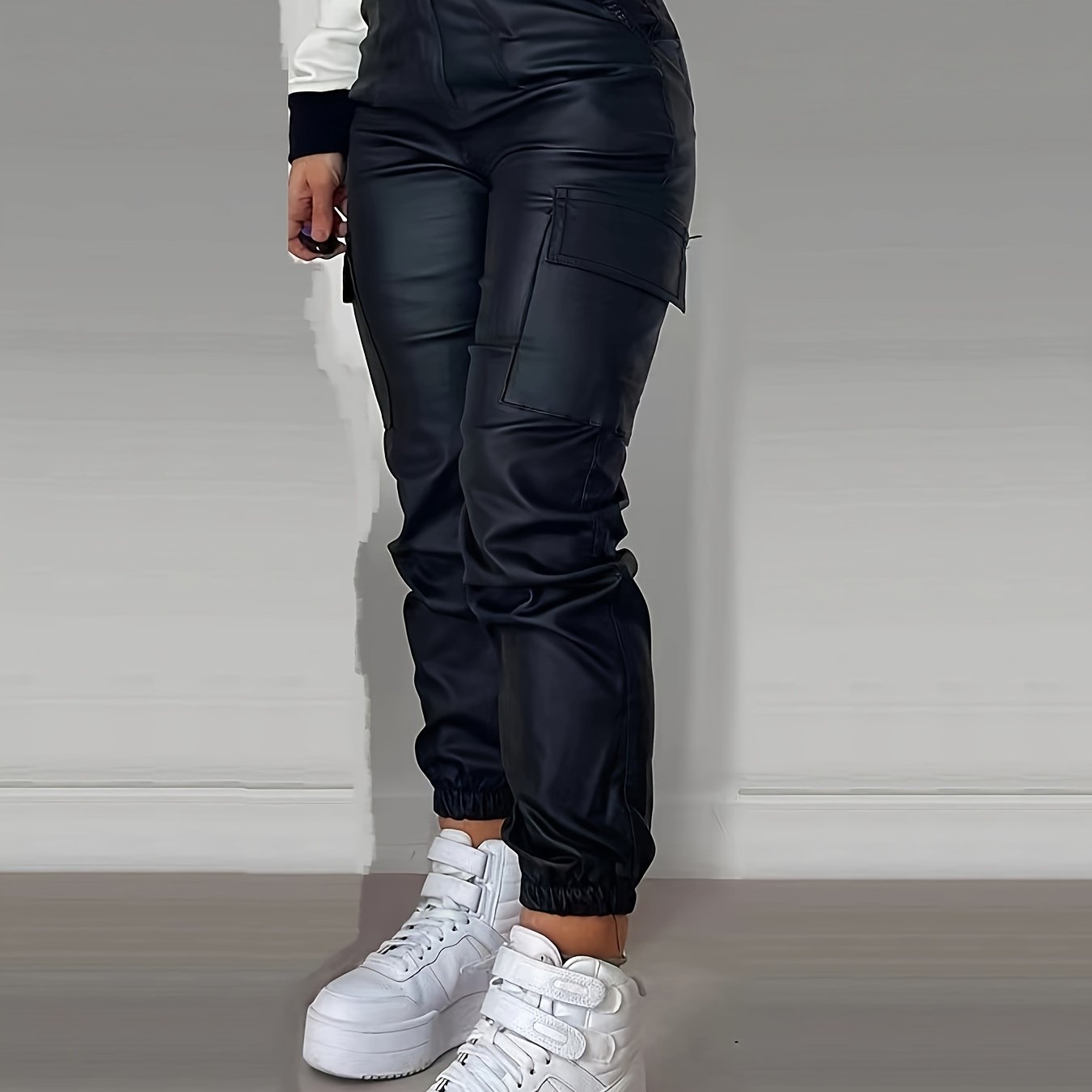 Trendy High Waist Cargo Pants for Women with Leather Look and Elastic Band