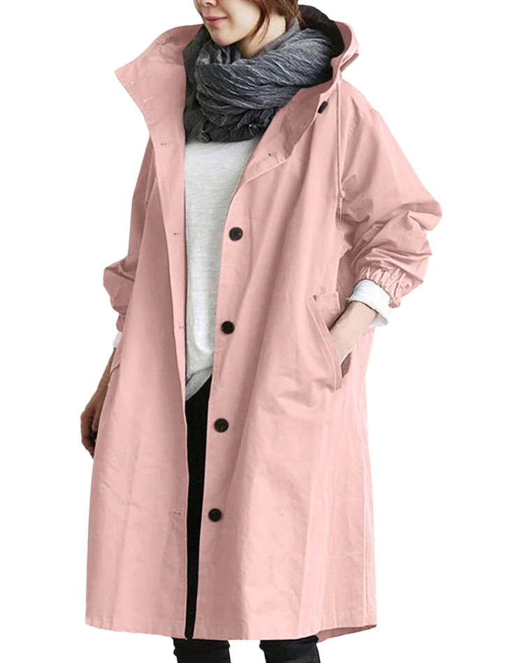 Waterproof Long Women's Trench Coat with Hood and Buttons