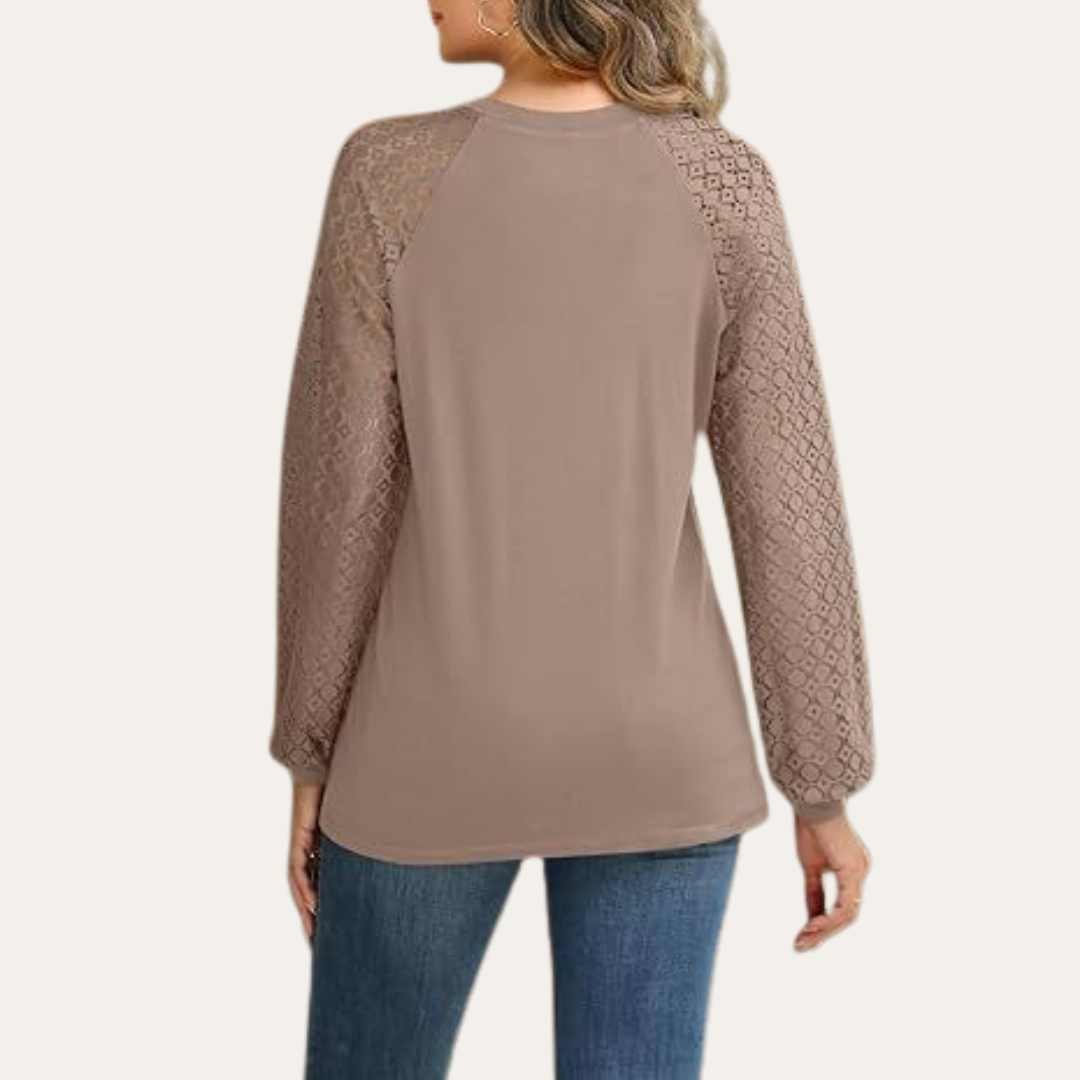 Women's Blouse with Lace Sleeves and Pleated Neckline