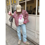 Pink Quilted Jacket with Floral Print and Short Fit