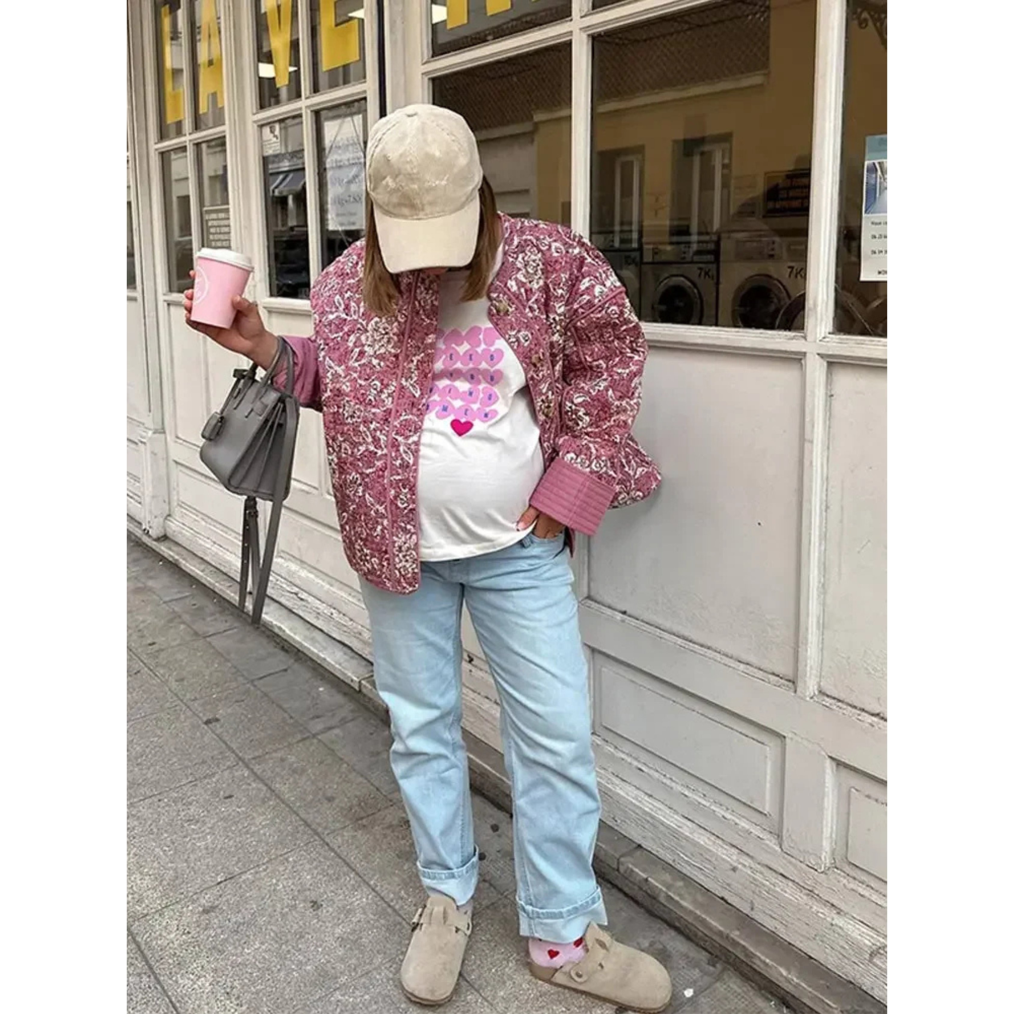 Pink Quilted Jacket with Floral Print and Short Fit