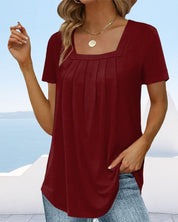 Airy Tunic Top for Women with Square Neckline and Pleats