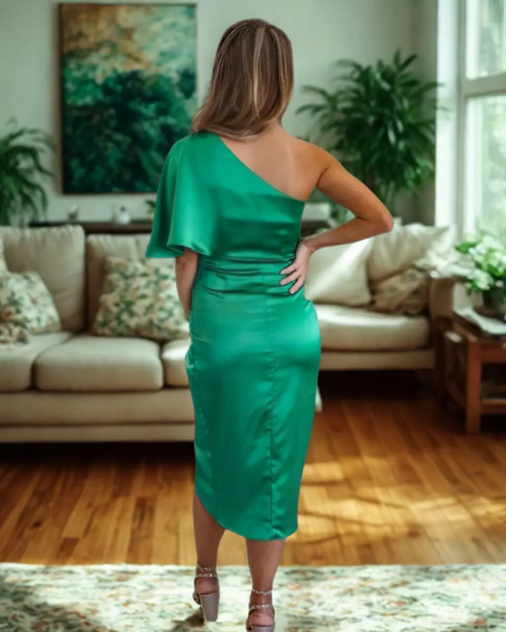 Cocktail Dress with One Shoulder and Draped Midi Skirt