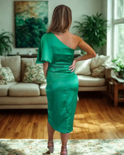 Cocktail Dress with One Shoulder and Draped Midi Skirt