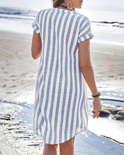 Striped Women's Summer Dress with Button Closure and Short Sleeves