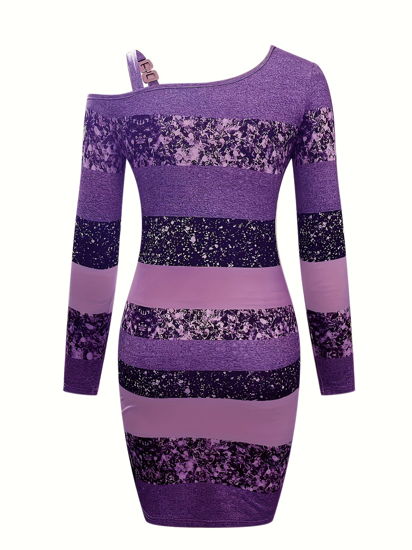 Glitter One-Shoulder Striped Bodycon Mini Dress with Shoulder Buckle
