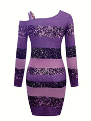 Glitter One-Shoulder Striped Bodycon Mini Dress with Shoulder Buckle
