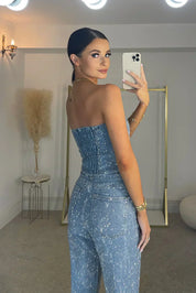 Strapless Glitter Co-ord Set with Straight Pants for Women