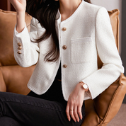 Elegant Short Tweed Blazer for Women with Gold Buttons