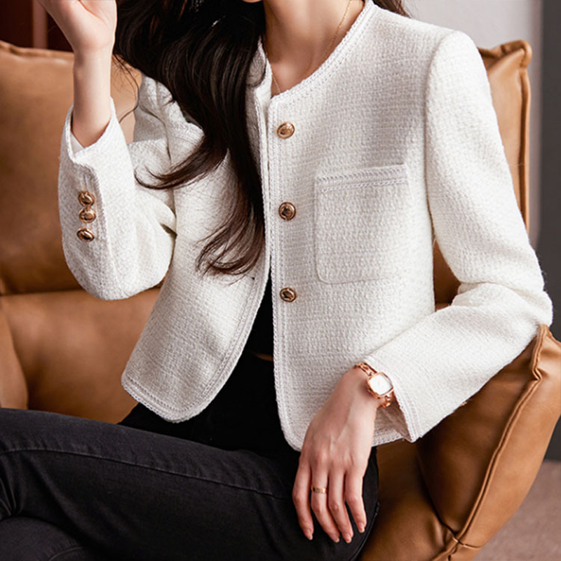 Elegant Short Tweed Blazer for Women with Gold Buttons