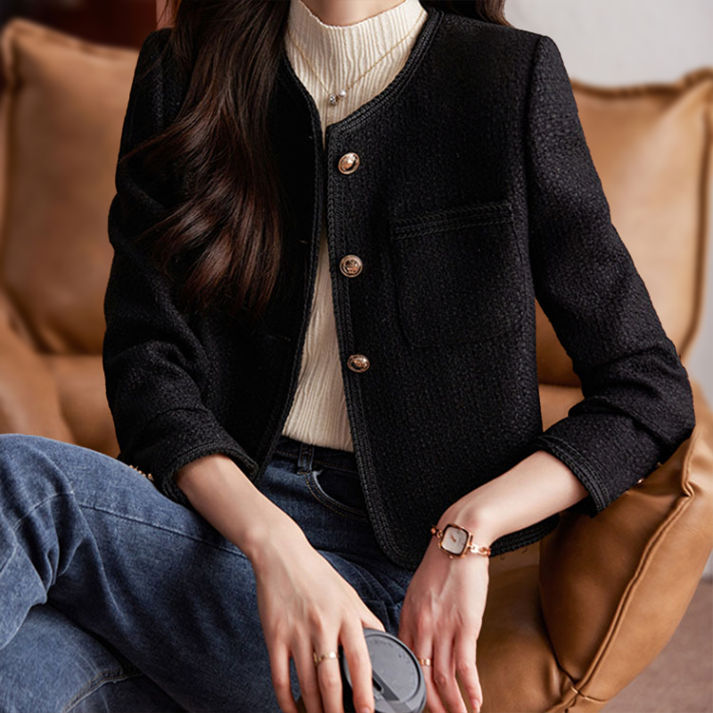Elegant Short Tweed Blazer for Women with Gold Buttons