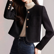 Elegant Short Tweed Blazer for Women with Gold Buttons