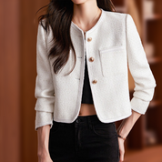 Elegant Short Tweed Blazer for Women with Gold Buttons