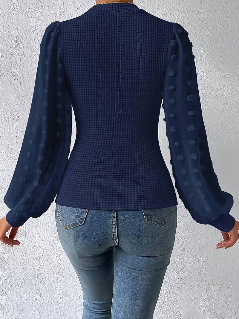 Blue Knitted Top with Chiffon Puff Sleeves for Women