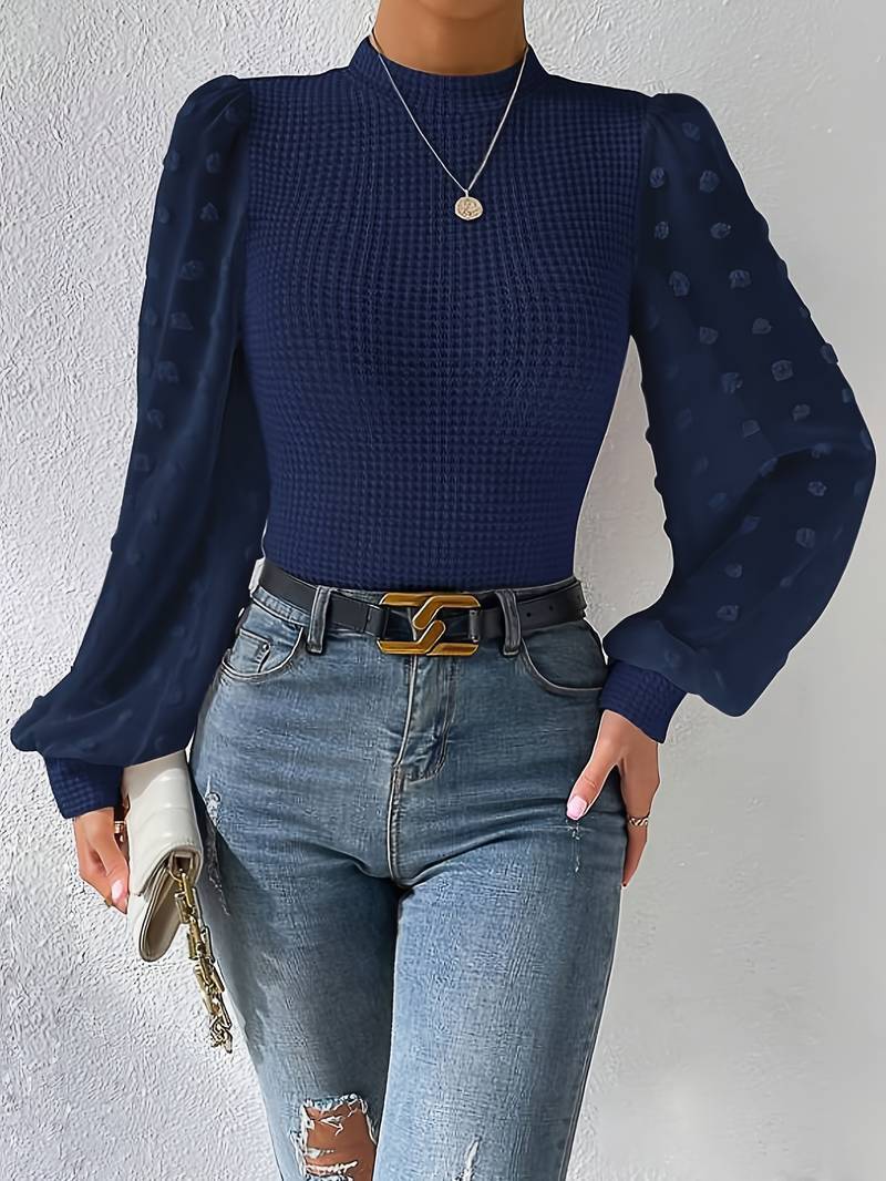 Blue Knitted Top with Chiffon Puff Sleeves for Women