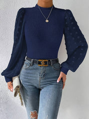 Blue Knitted Top with Chiffon Puff Sleeves for Women