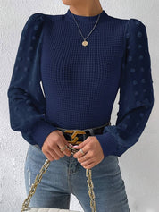 Blue Knitted Top with Chiffon Puff Sleeves for Women