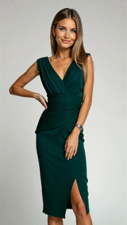 Elegant Cocktail Midi Dress for Women with V-neck Split and Fitted Waist