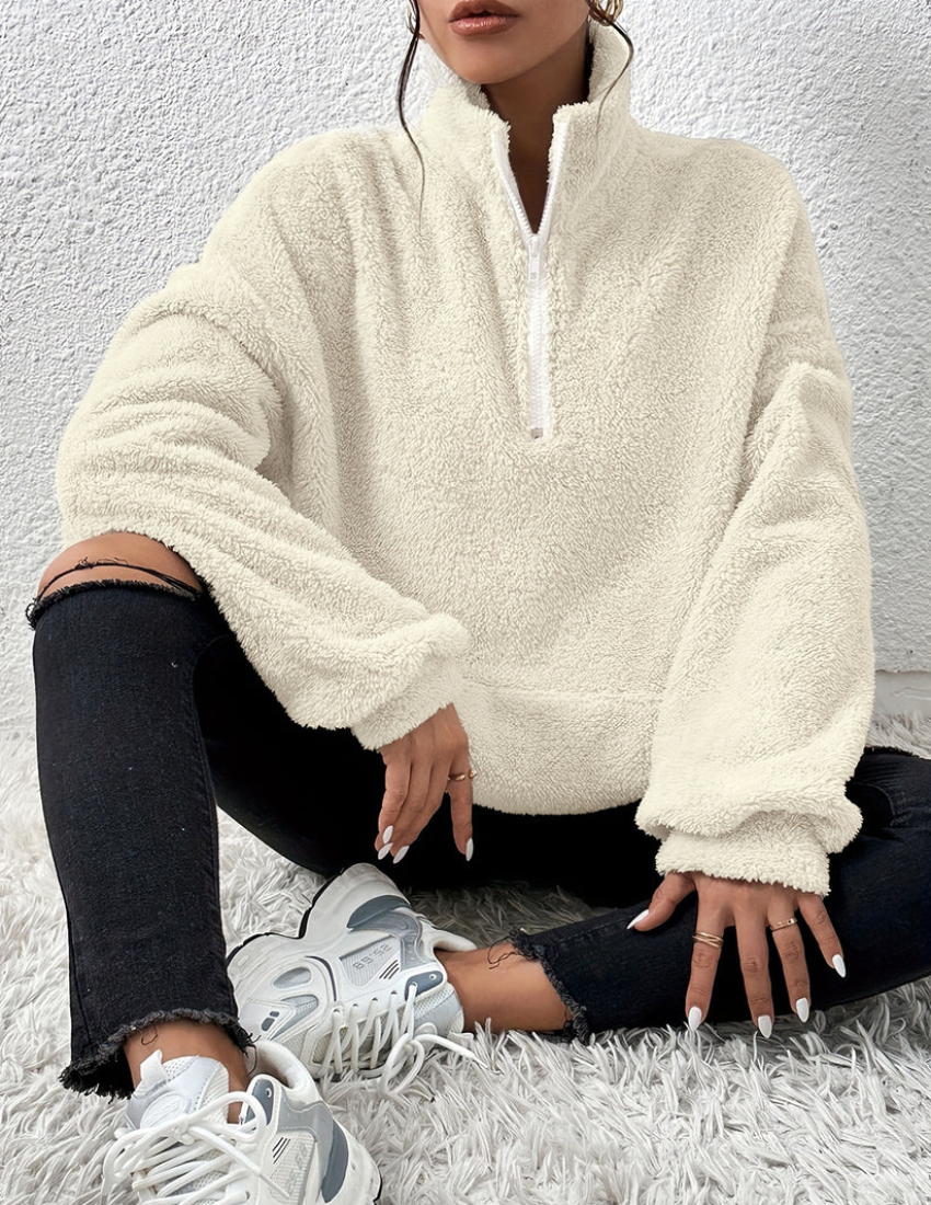 Soft Warm Fleece Sweater Women with Half Zip and High Collar