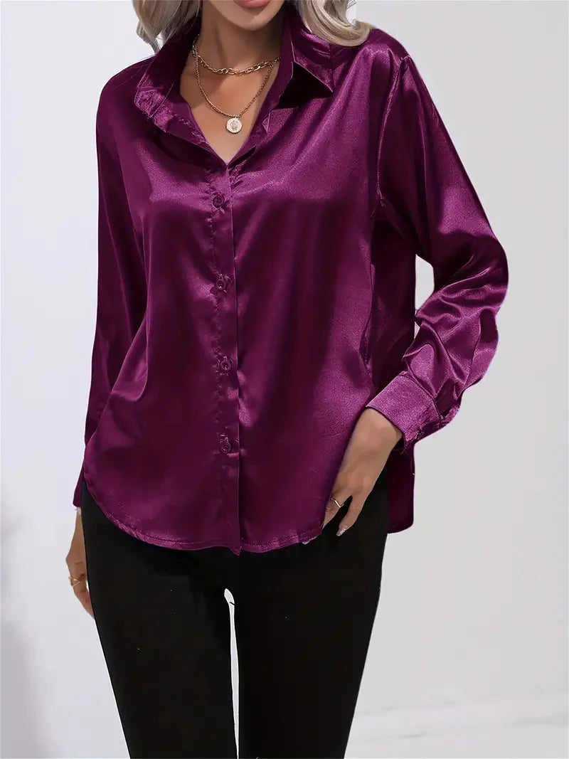 Elegant Satin Blouse With Collar And Button Closure For Women