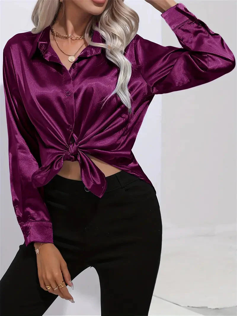 Elegant Satin Blouse With Collar And Button Closure For Women
