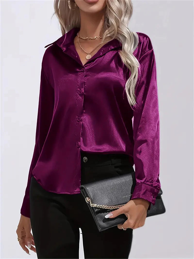 Elegant Satin Blouse With Collar And Button Closure For Women