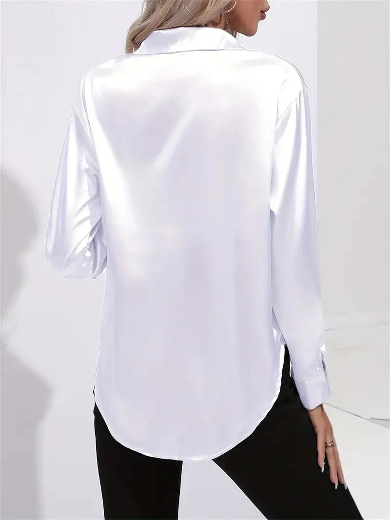 Elegant Satin Blouse With Collar And Button Closure For Women
