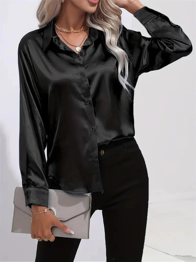 Elegant Satin Blouse With Collar And Button Closure For Women