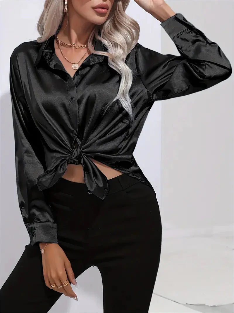 Elegant Satin Blouse With Collar And Button Closure For Women