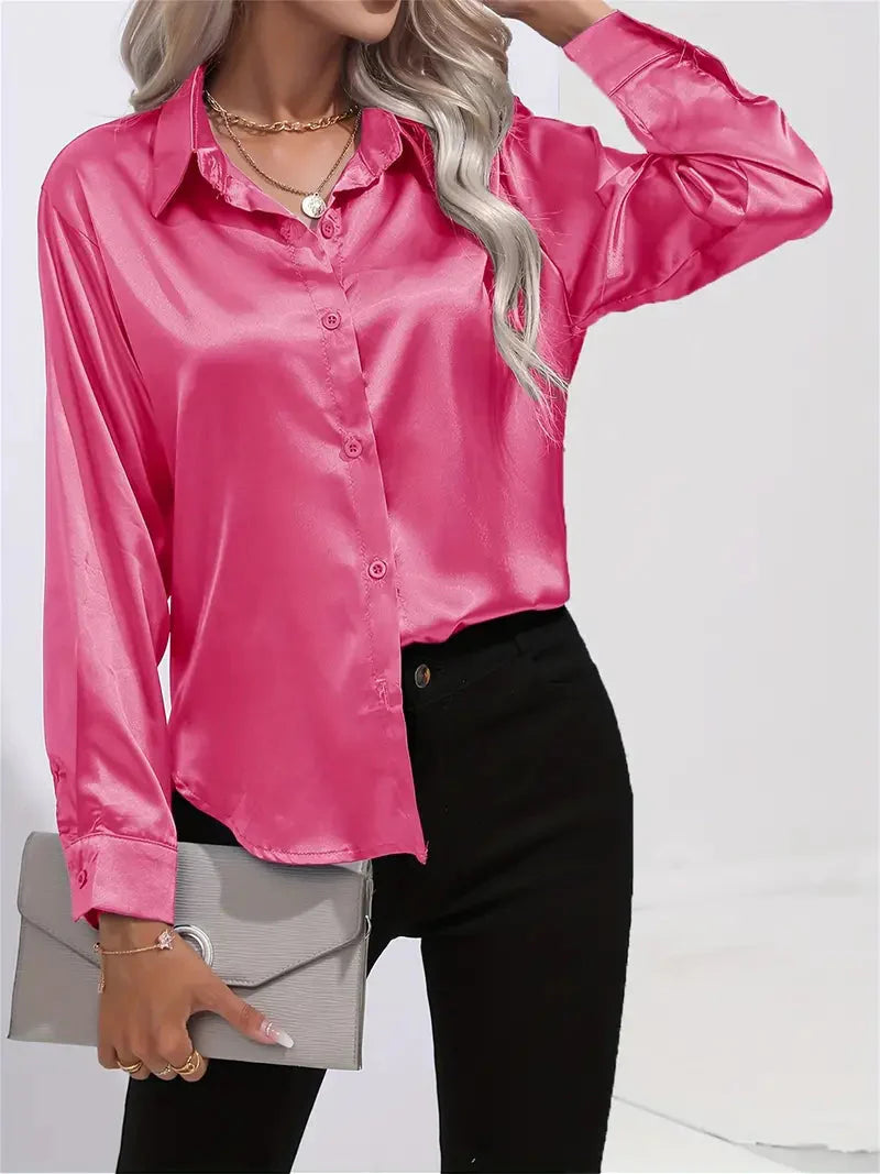 Elegant Satin Blouse With Collar And Button Closure For Women