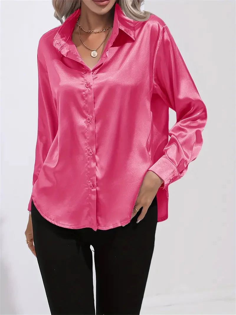 Elegant Satin Blouse With Collar And Button Closure For Women