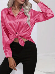 Elegant Satin Blouse With Collar And Button Closure For Women