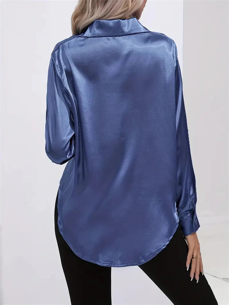 Elegant Satin Blouse With Collar And Button Closure For Women