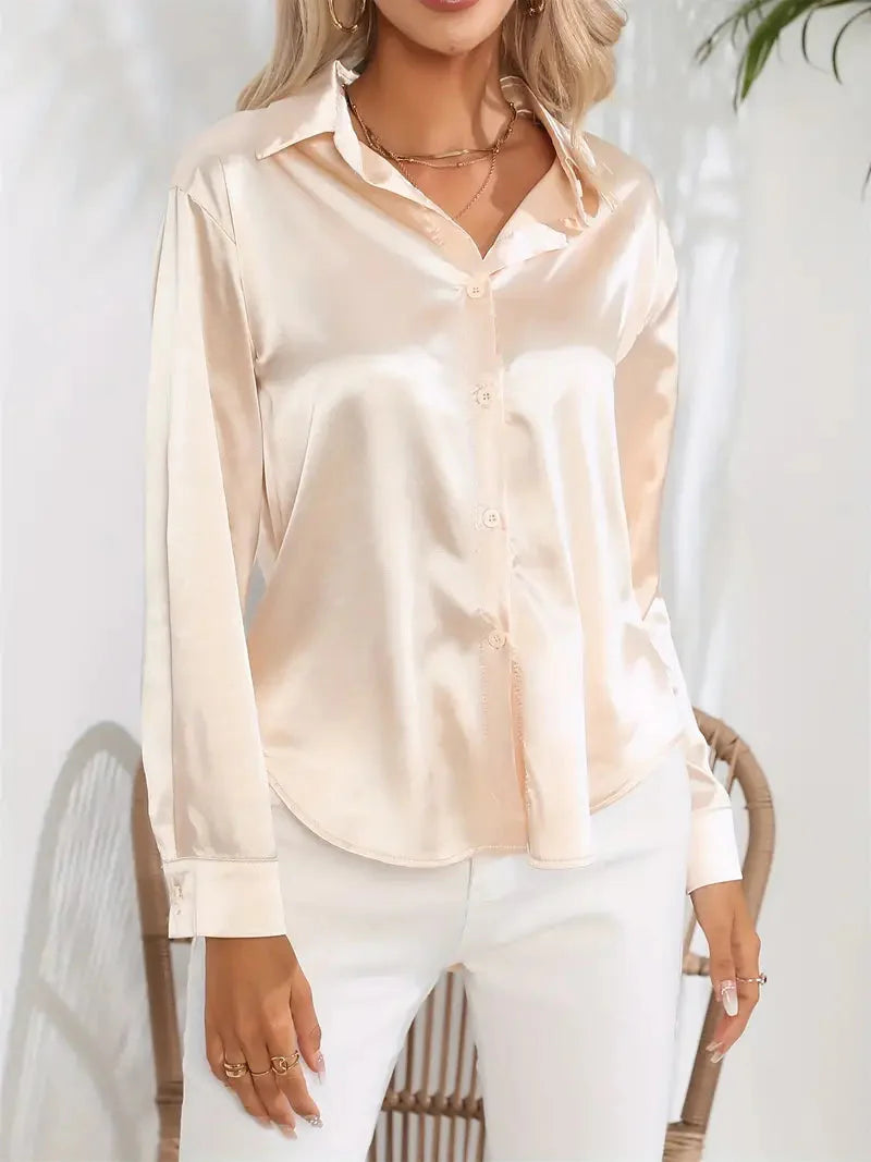 Elegant Satin Blouse With Collar And Button Closure For Women