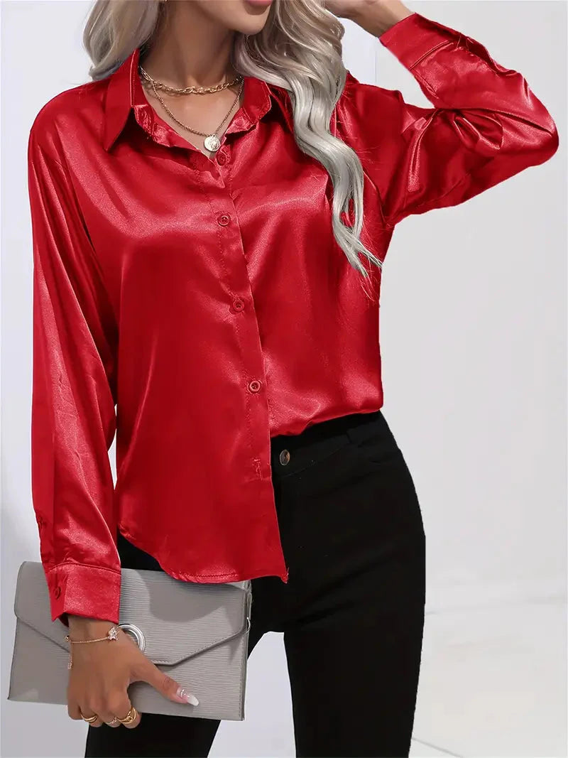Elegant Satin Blouse With Collar And Button Closure For Women