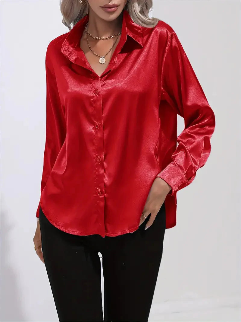 Elegant Satin Blouse With Collar And Button Closure For Women