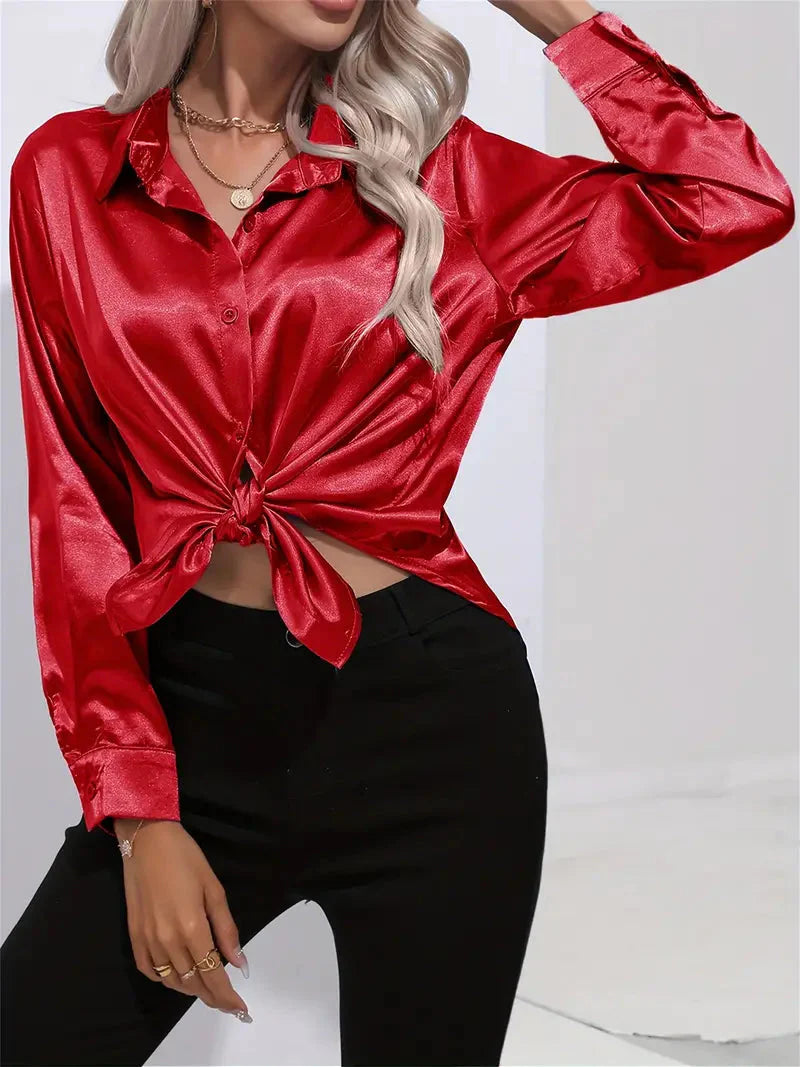 Elegant Satin Blouse With Collar And Button Closure For Women