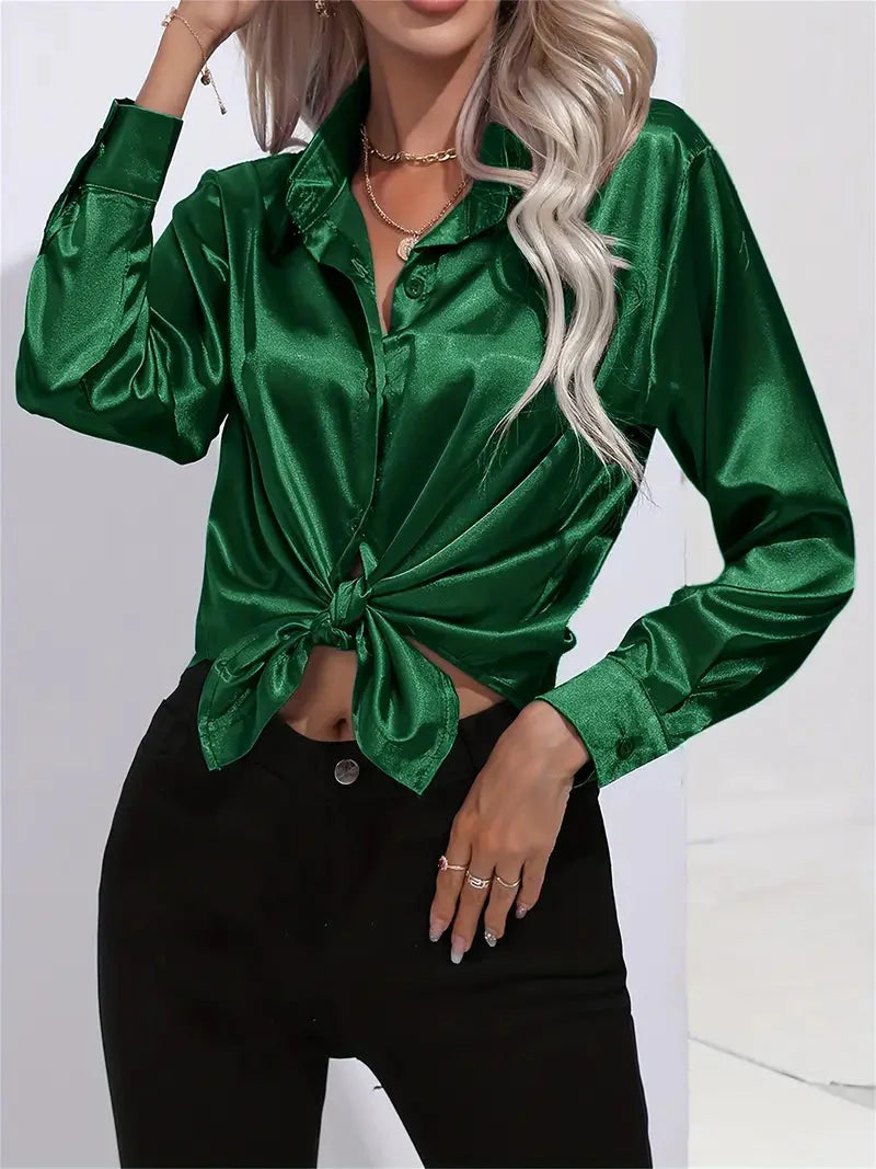 Elegant Satin Blouse With Collar And Button Closure For Women