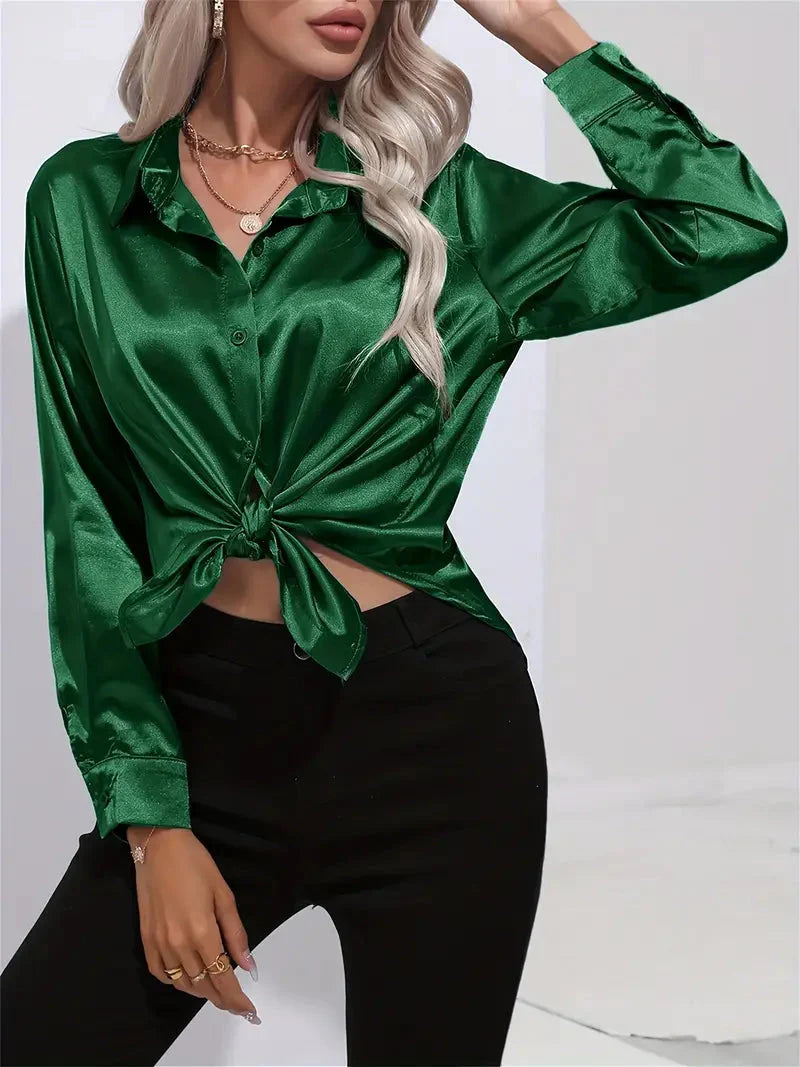 Elegant Satin Blouse With Collar And Button Closure For Women