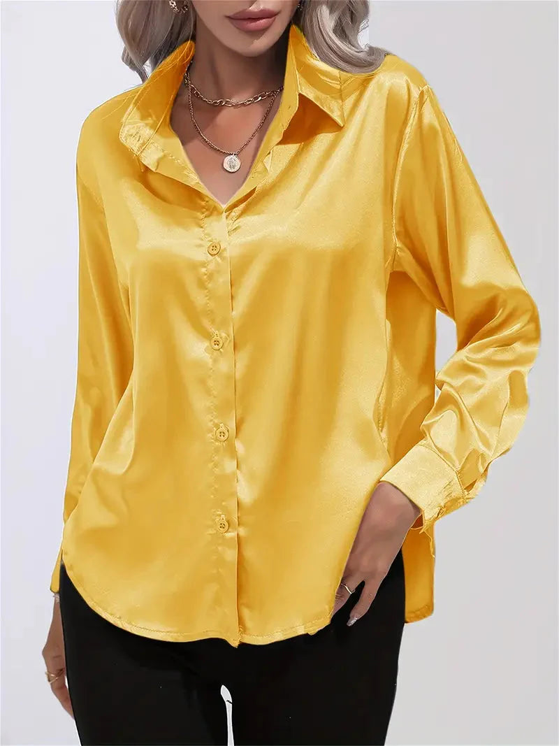 Elegant Satin Blouse With Collar And Button Closure For Women