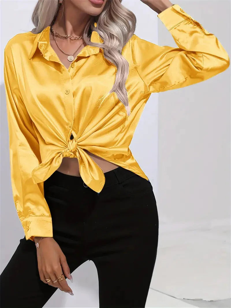 Elegant Satin Blouse With Collar And Button Closure For Women