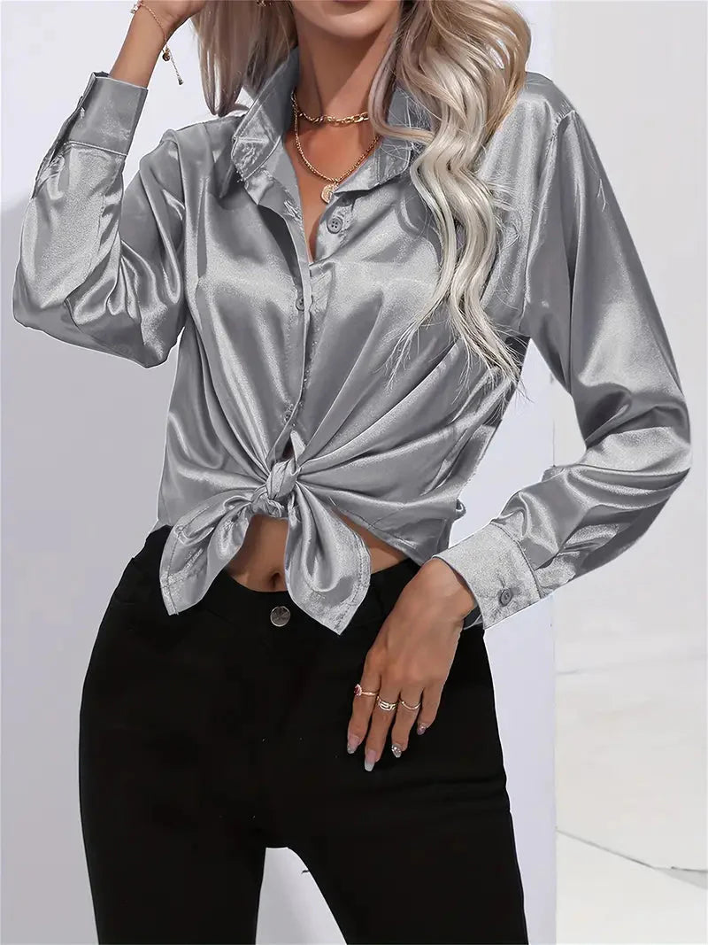 Elegant Satin Blouse With Collar And Button Closure For Women