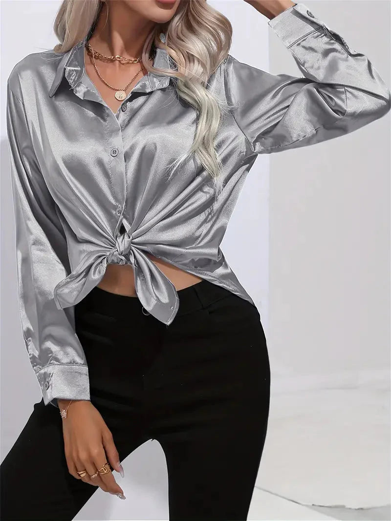Elegant Satin Blouse With Collar And Button Closure For Women