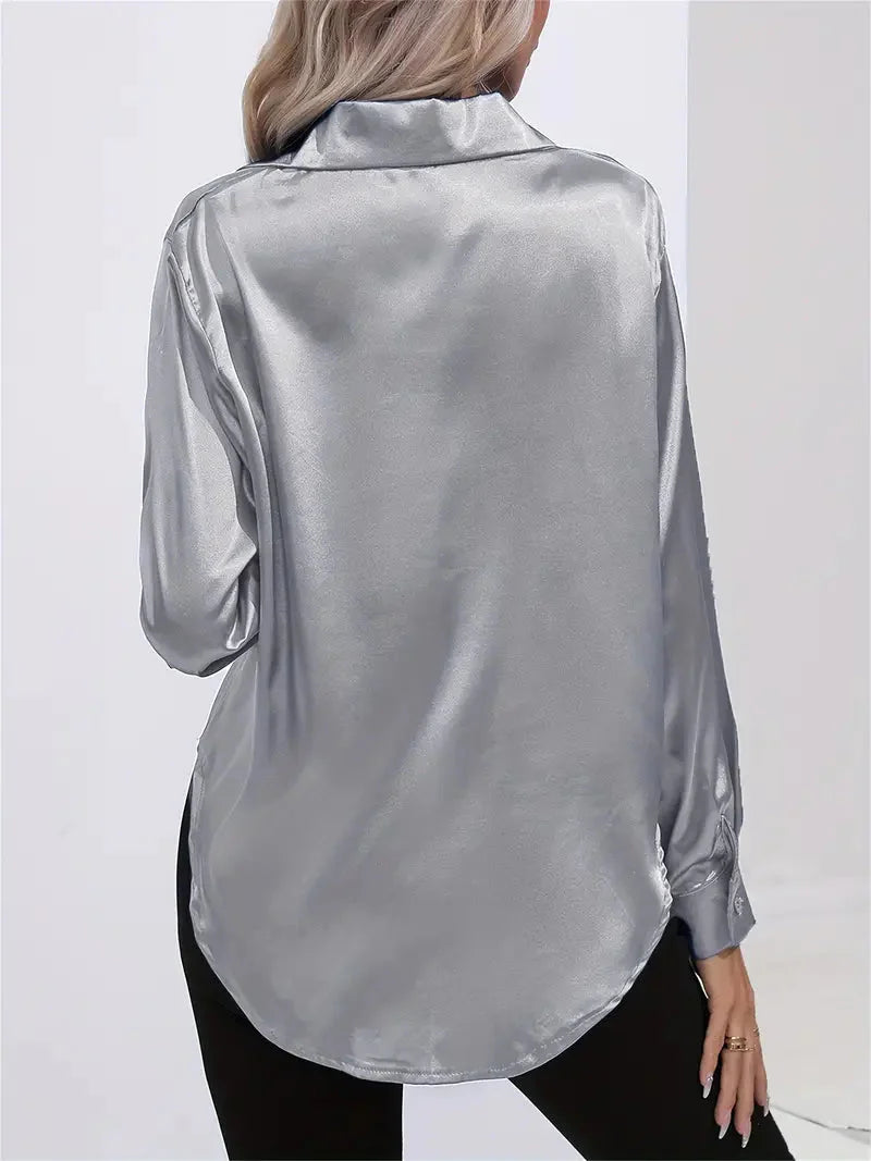 Elegant Satin Blouse With Collar And Button Closure For Women