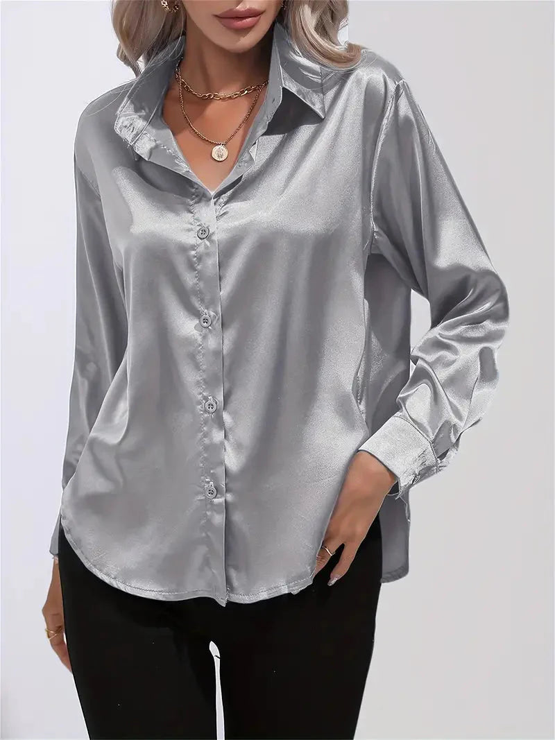 Elegant Satin Blouse With Collar And Button Closure For Women
