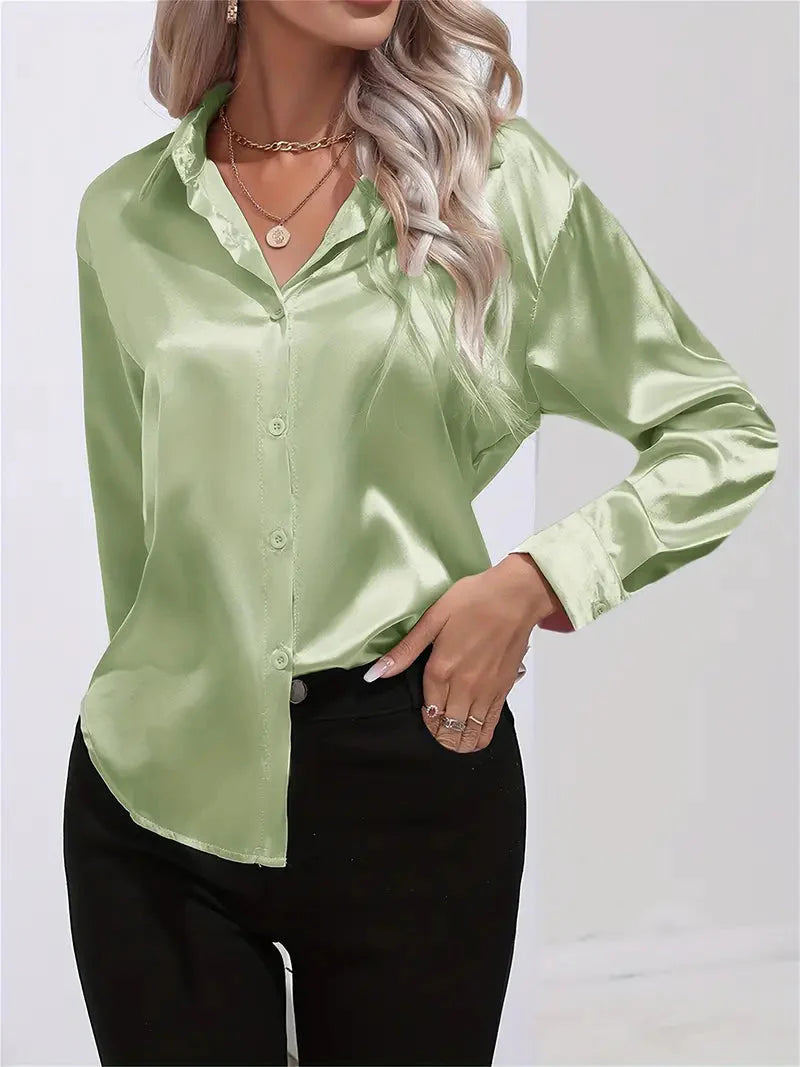 Elegant Satin Blouse With Collar And Button Closure For Women