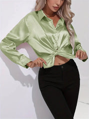 Elegant Satin Blouse With Collar And Button Closure For Women