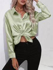 Elegant Satin Blouse With Collar And Button Closure For Women