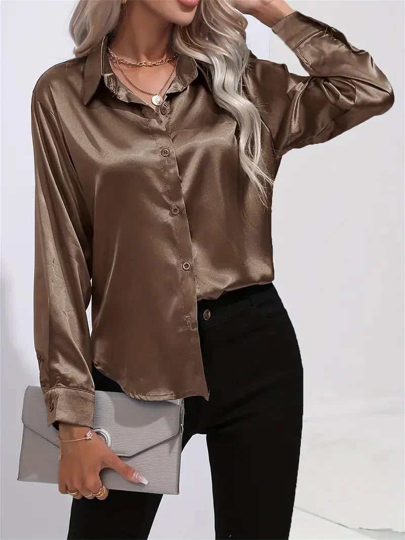 Elegant Satin Blouse With Collar And Button Closure For Women
